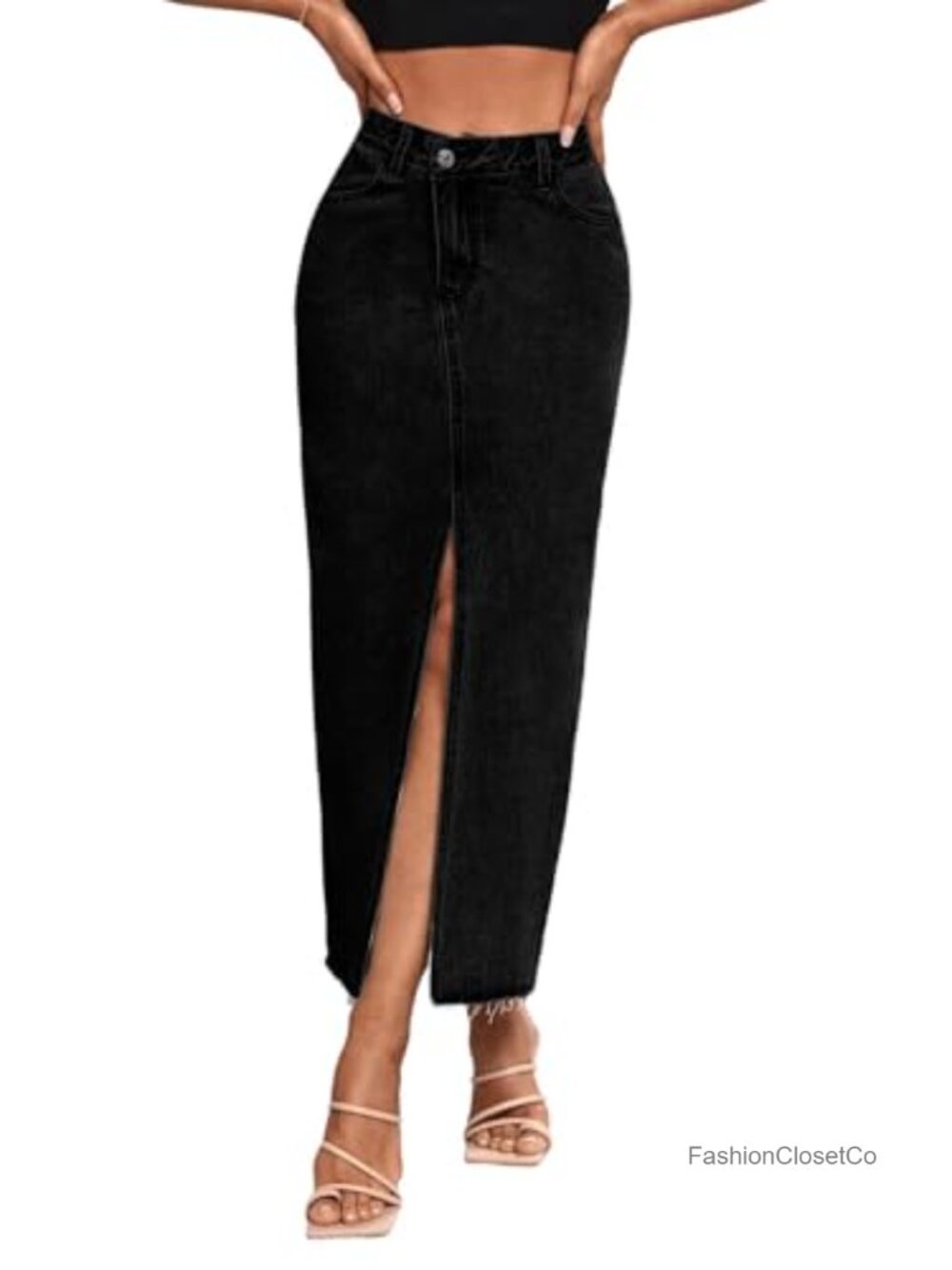 High Waist Stretch Maxi Denim Skirt A-Line Frayed Raw Hem